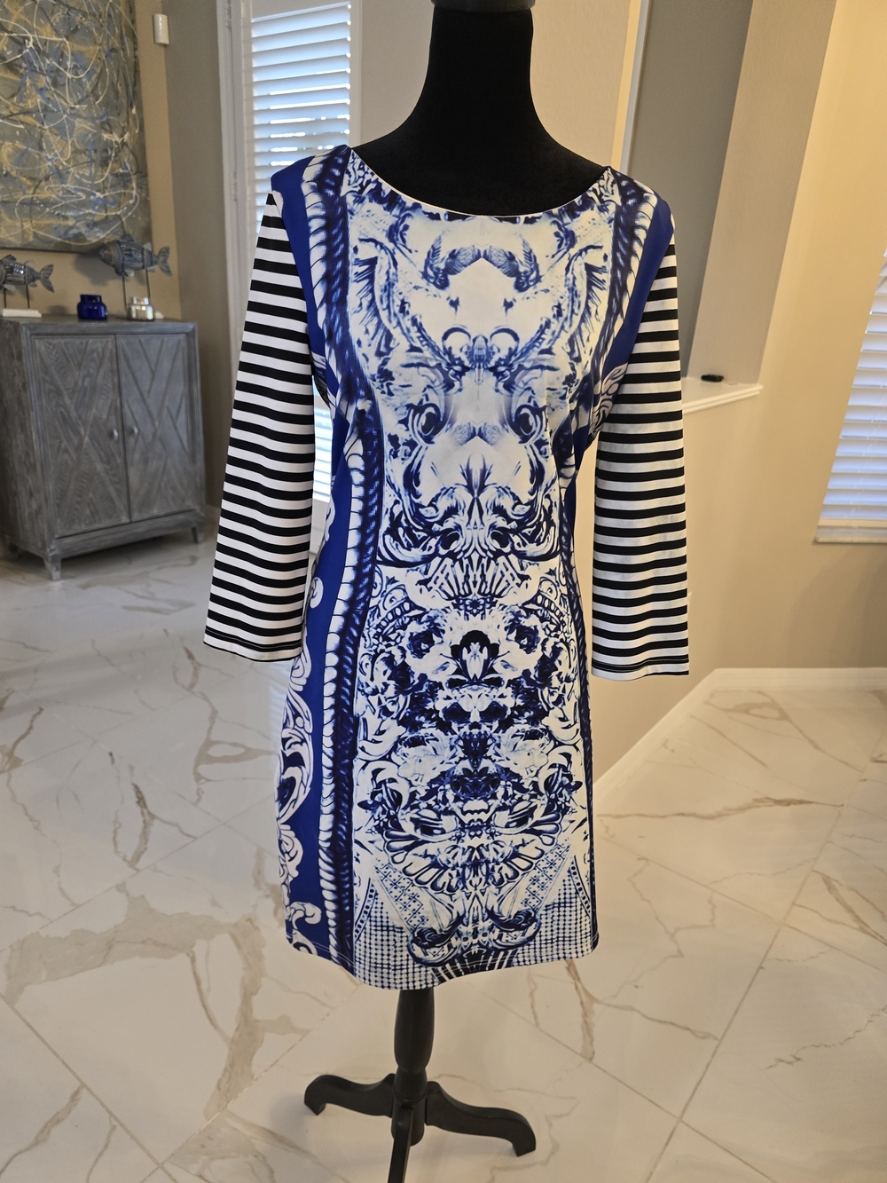 Adore Blue and White Printed Midi Dress with Striped Sleeves